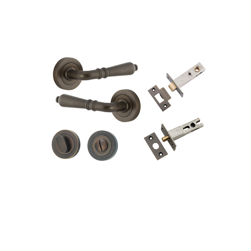 Door Lever Sarlat Round Rose Pair Signature Brass D52xP58mm Privacy Kit, Tube Latch Split Cam 'T' Striker Signature Brass Backset 60mm, Privacy Bolt Round Bolt Signature Brass Backset 60mm, Privacy Turn Oval Concealed Fix Round Signature Brass D52… in Sig
