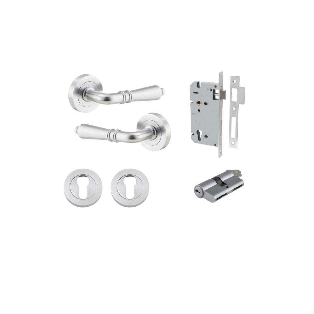 Door Lever Sarlat Round Rose Pair Brushed Chrome D52xP58mm Entrance Kit, Mortice Lock Euro Brushed Chrome CTC85mm Backset 60mm, Euro Cylinder Dual Function 5 Pin Brushed Chrome L65mm KA1, Escutcheon Euro Concealed Fix Round Pair Brushed Chrome D52… in Bru
