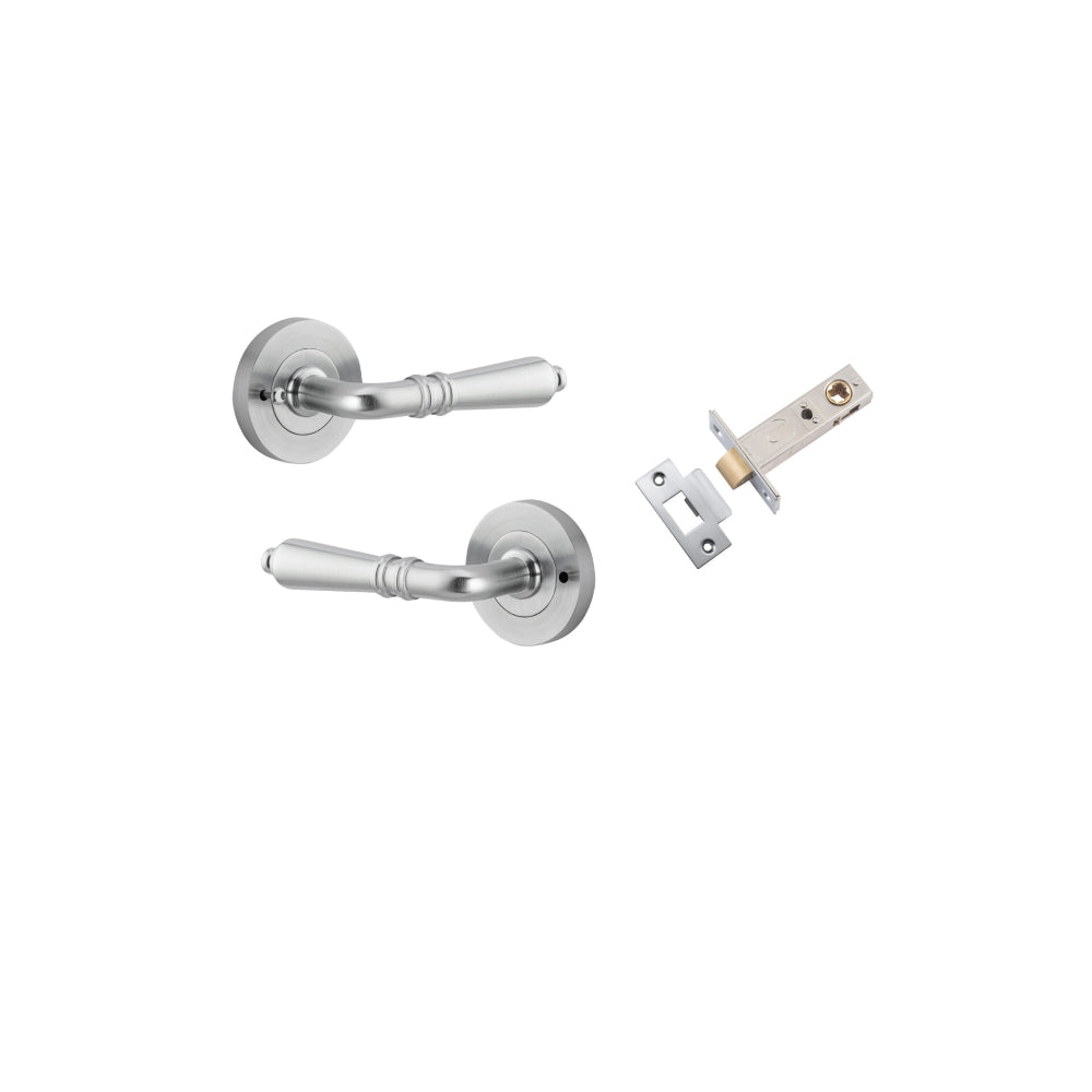 Door Lever Sarlat Round Rose Inbuilt Privacy Pair Brushed Chrome D58xP58mm with Tube Latch Privacy with Faceplate & T Striker Backset 60mm in Brushed Chrome