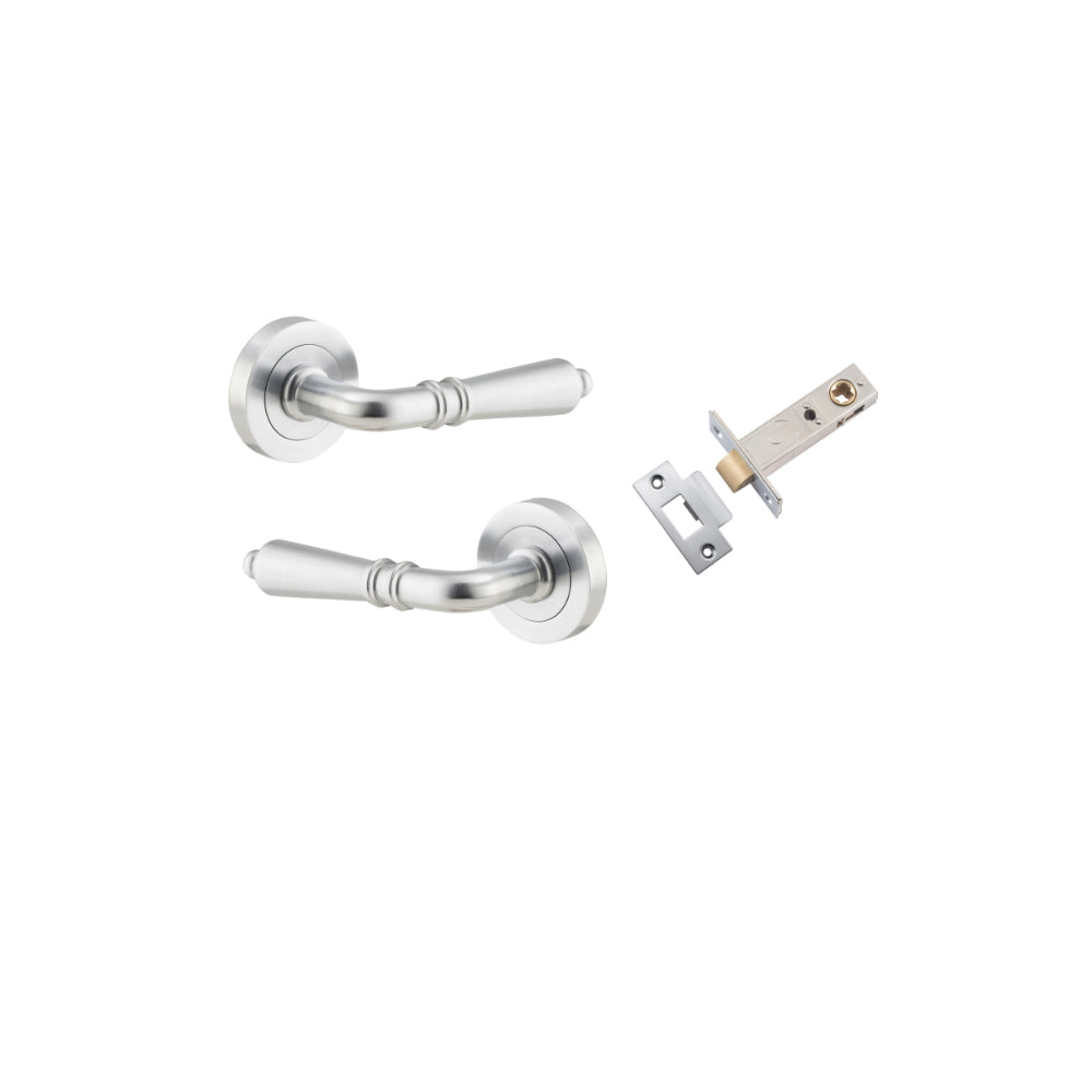 Door Lever Sarlat Round Rose Pair Brushed Chrome D52xP58mm Passage Kit, Tube Latch Split Cam 'T' Striker Brushed Chrome Backset 60mm in Brushed Chrome
