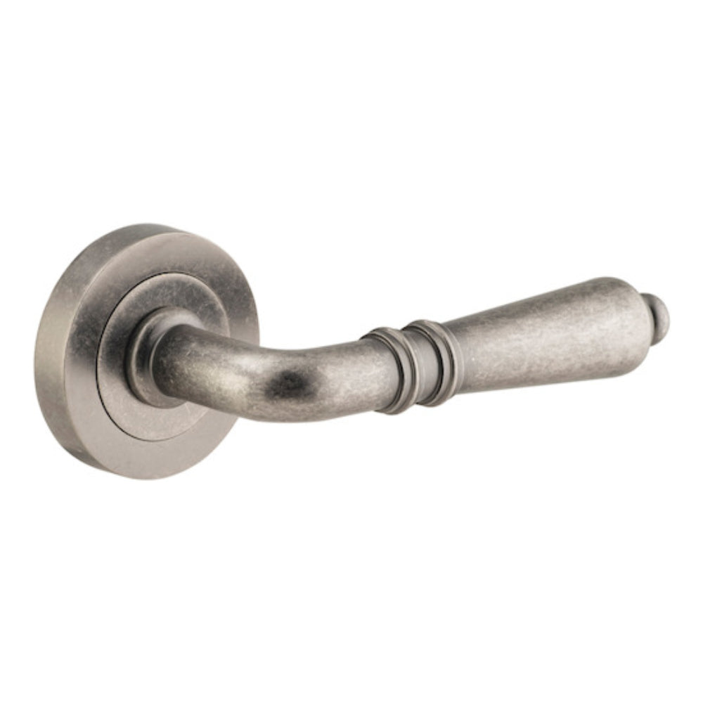 Door Lever Sarlat Round Rose Pair Distressed Nickel D52xP58mm

(Latch/Lock Sold Separately) in Distressed Nickel