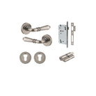 Door Lever Sarlat Round Rose Pair Distressed Nickel D52xP58mm Entrance Kit, Mortice Lock Euro Distressed Nickel CTC85mm Backset 60mm, Euro Cylinder Dual Function 5 Pin Distressed Nickel L65mm KA1, Escutcheon Euro Concealed Fix Round Pair Distresse… in Dis