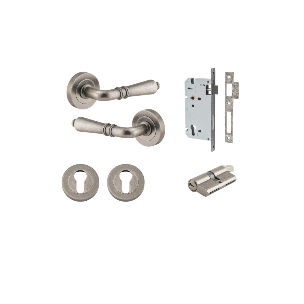 Door Lever Sarlat Round Rose Pair Distressed Nickel D52xP58mm Entrance Kit, Mortice Lock Euro Distressed Nickel CTC85mm Backset 60mm, Euro Cylinder Dual Function 5 Pin Distressed Nickel L65mm KA1, Escutcheon Euro Concealed Fix Round Pair Distresse… in Dis