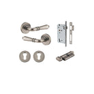 Door Lever Sarlat Round Rose Pair Distressed Nickel D52xP58mm Entrance Kit, Mortice Lock Euro Distressed Nickel CTC85mm Backset 60mm, Euro Cylinder Key Thumb 6 Pin Distressed Nickel L70mm KA1, Escutcheon Euro Concealed Fix Round Pair Distressed Ni… in Dis