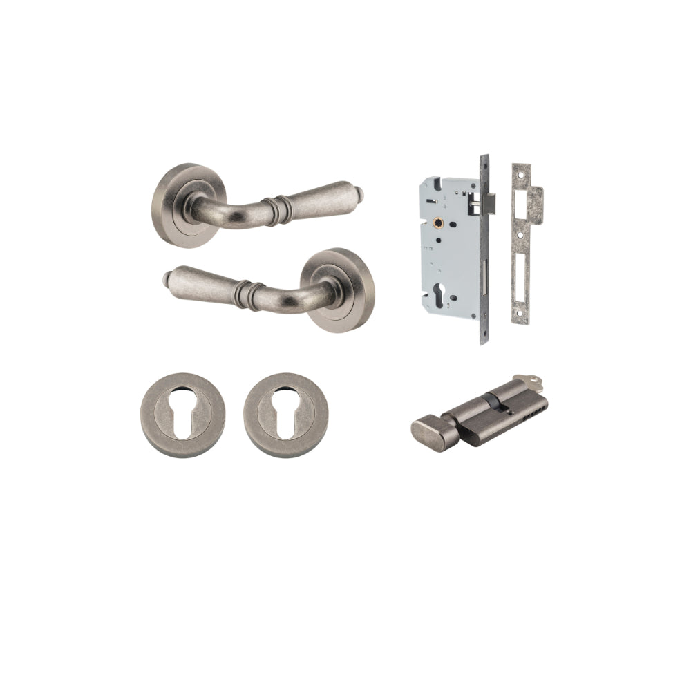 Door Lever Sarlat Round Rose Pair Distressed Nickel D52xP58mm Entrance Kit, Mortice Lock Euro Distressed Nickel CTC85mm Backset 60mm, Euro Cylinder Key Thumb 6 Pin Distressed Nickel L70mm KA1, Escutcheon Euro Concealed Fix Round Pair Distressed Ni… in Dis