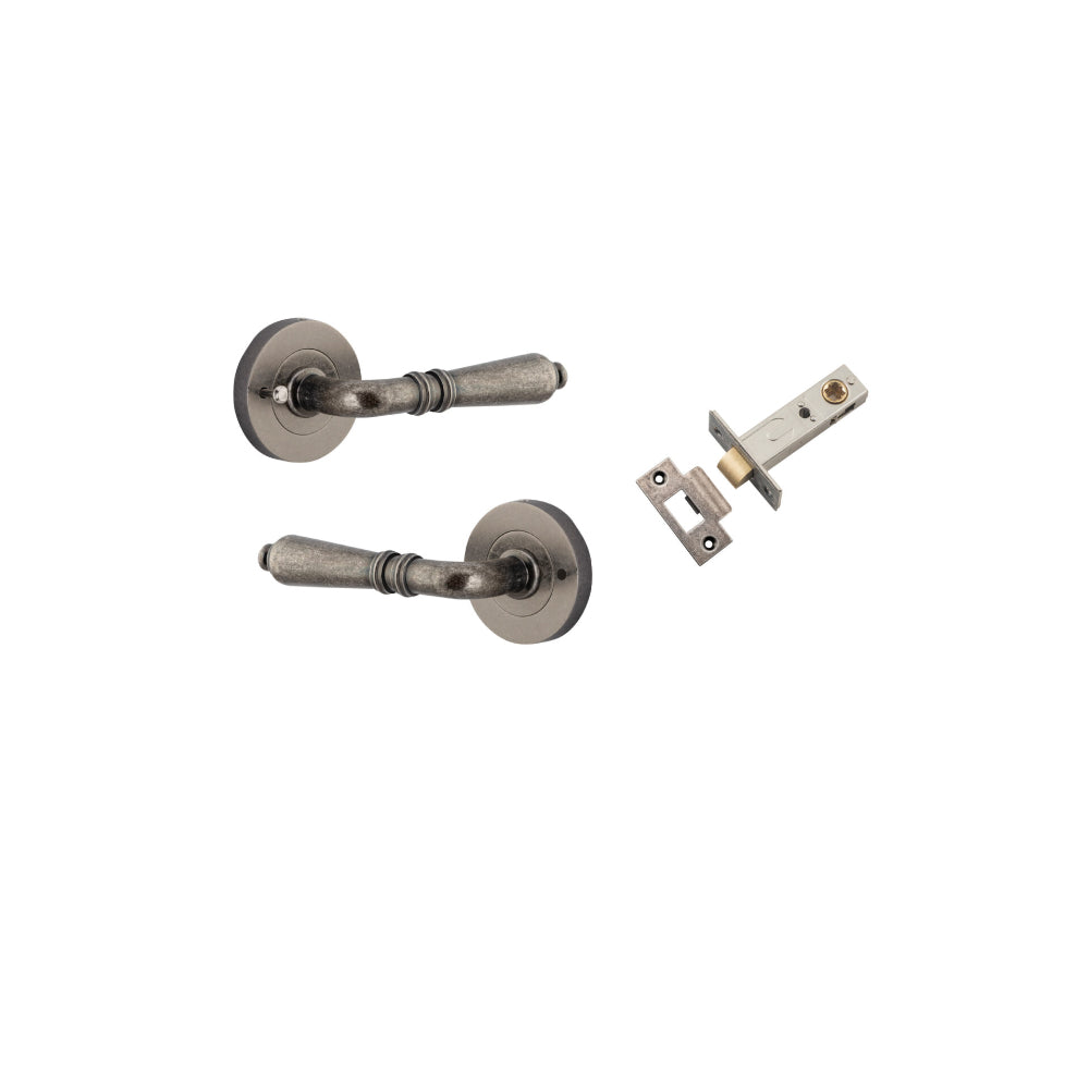 Door Lever Sarlat Round Rose Inbuilt Privacy Pair Distressed Nickel D58xP58mm with Tube Latch Privacy with Faceplate & T Striker Backset 60mm in Distressed Nickel