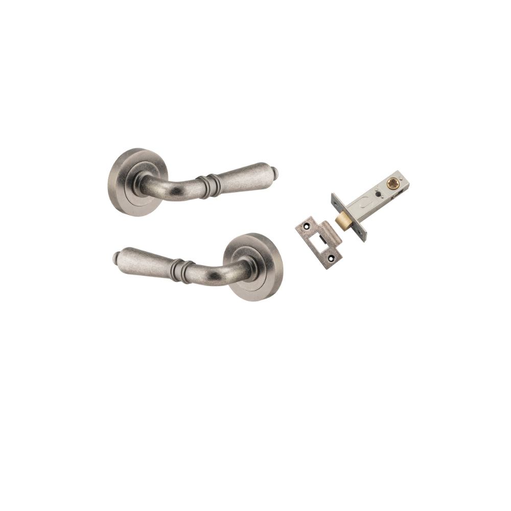 Door Lever Sarlat Round Rose Pair Distressed Nickel D52xP58mm Passage Kit, Tube Latch Split Cam 'T' Striker Distressed Nickel Backset 60mm in Distressed Nickel