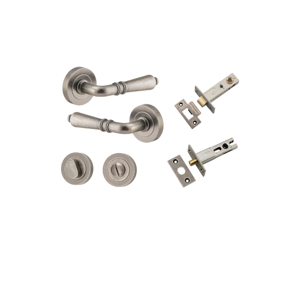 Door Lever Sarlat Round Rose Pair Distressed Nickel D52xP58mm Privacy Kit, Tube Latch Split Cam 'T' Striker Distressed Nickel Backset 60mm, Privacy Bolt Round Bolt Distressed Nickel Backset 60mm, Privacy Turn Oval Concealed Fix Round Distressed Ni… in Dis