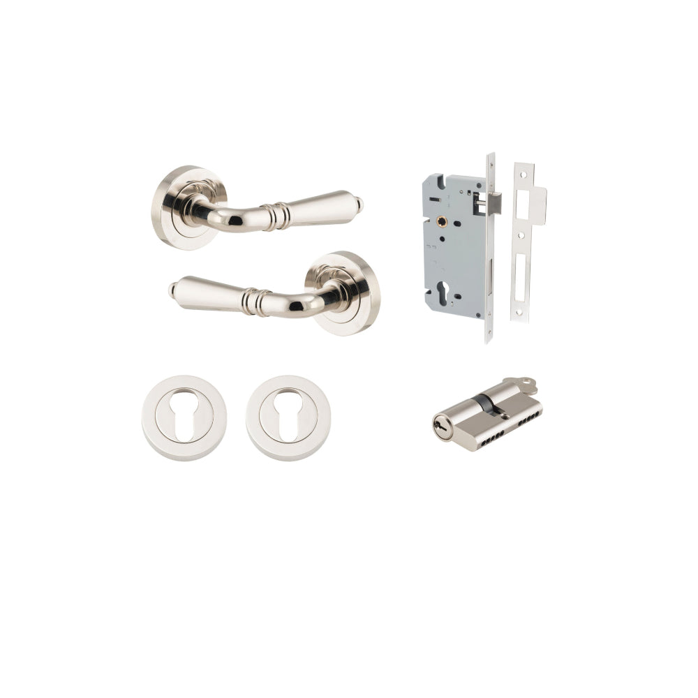 Door Lever Sarlat Round Rose Pair Polished Nickel D52xP58mm Entrance Kit, Mortice Lock Euro Polished Nickel CTC85mm Backset 60mm, Euro Cylinder Dual Function 5 Pin Polished Nickel L65mm KA1, Escutcheon Euro Concealed Fix Round Pair Polished Nickel… in Pol