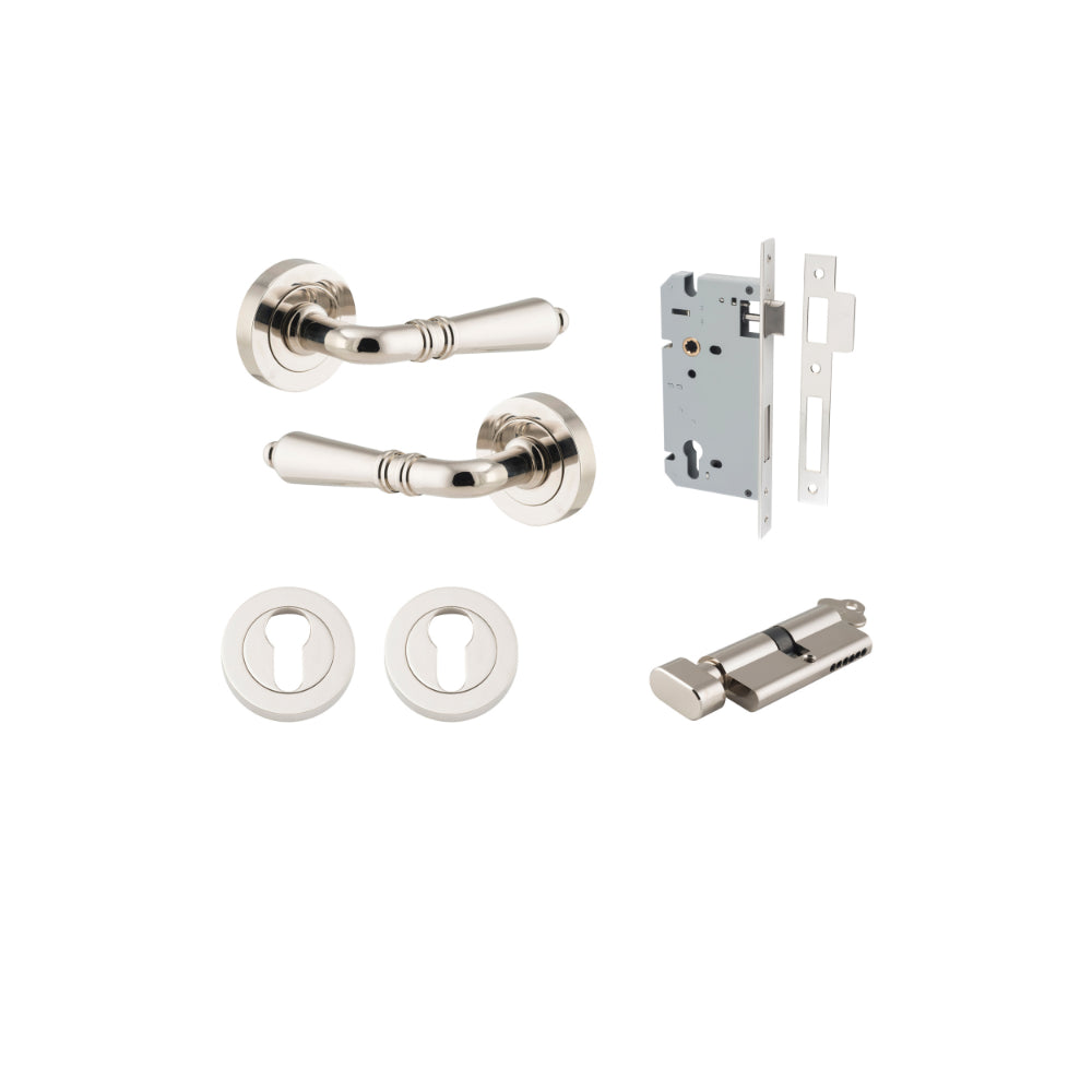 Door Lever Sarlat Round Rose Pair Polished Nickel D52xP58mm Entrance Kit, Mortice Lock Euro Polished Nickel CTC85mm Backset 60mm, Euro Cylinder Key Thumb 6 Pin Polished Nickel L70mm KA1, Escutcheon Euro Concealed Fix Round Pair Polished Nickel D52… in Pol