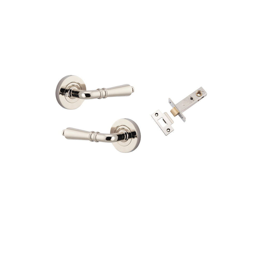 Door Lever Sarlat Round Rose Inbuilt Privacy Pair Polished Nickel D58xP58mm with Tube Latch Privacy with Faceplate & T Striker Backset 60mm in Polished Nickel