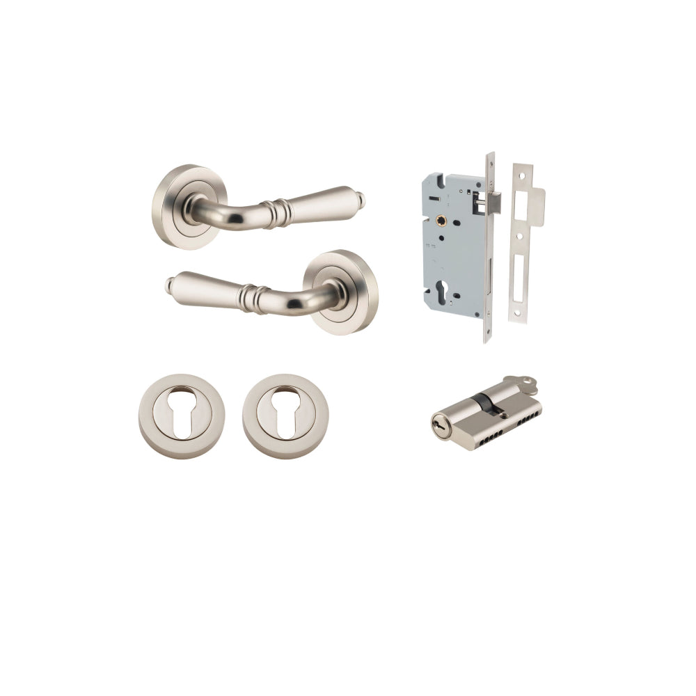 Door Lever Sarlat Round Rose Pair Satin Nickel D52xP58mm Entrance Kit, Mortice Lock Euro Satin Nickel CTC85mm Backset 60mm, Euro Cylinder Dual Function 5 Pin Satin Nickel L65mm KA1, Escutcheon Euro Concealed Fix Round Pair Satin Nickel D52xP10mm in Satin
