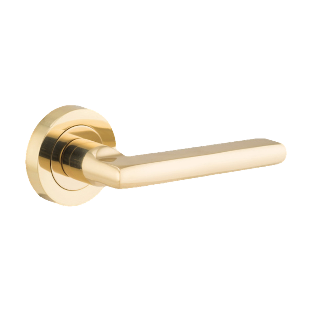 Door Lever Baltimore Round Rose Pair Polished Brass D52xP58mm Passage Kit, Tube Latch Split Cam 'T' Striker Polished Brass Backset 60mm in Polished Brass