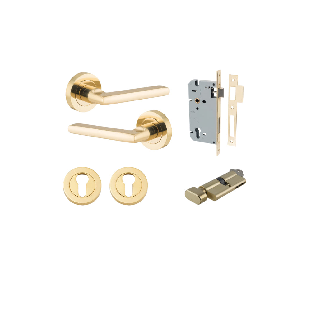 Door Lever Baltimore Round Rose Pair Polished Brass D52xP58mm Entrance Kit, Mortice Lock Euro Polished Brass CTC85mm Backset 60mm, Euro Cylinder Key Thumb 6 Pin Polished Brass L70mm KA1, Escutcheon Euro Concealed Fix Round Pair Polished Brass D52x… in Pol