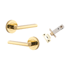 Door Lever Baltimore Round Rose Inbuilt Privacy Pair Polished Brass D58xP58mm with Tube Latch Privacy with Faceplate & T Striker Backset 60mm in Polished Brass