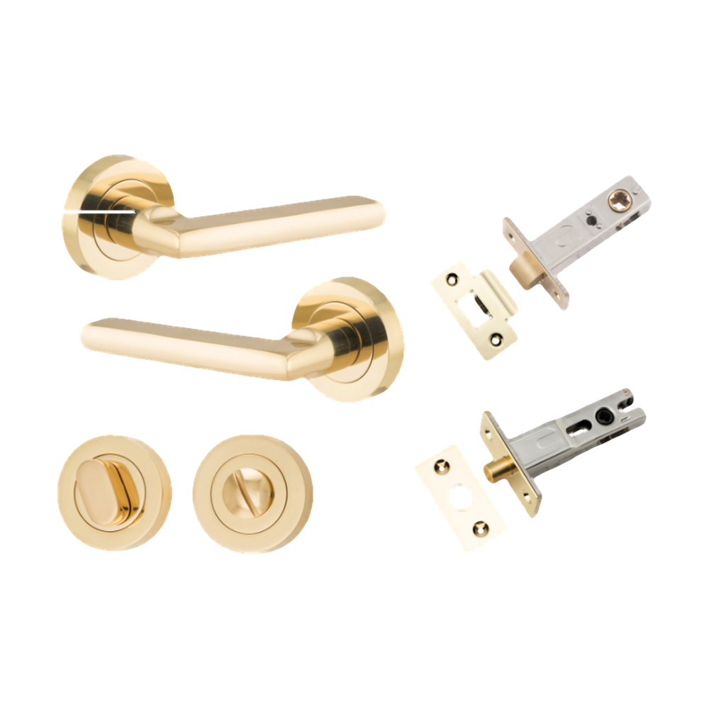 Door Lever Baltimore Round Rose Pair Polished Brass D52xP58mm Privacy Kit, Tube Latch Split Cam 'T' Striker Polished Brass Backset 60mm, Privacy Bolt Round Bolt Polished Brass Backset 60mm, Privacy Turn Oval Concealed Fix Round Polished Brass D52x… in Polished Brass