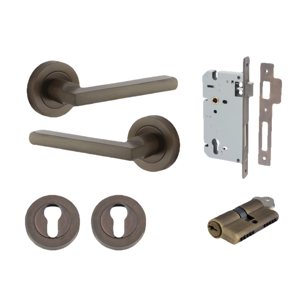 Door Lever Baltimore Round Rose Pair Signature Brass D52xP58mm Entrance Kit, Mortice Lock Euro Signature Brass CTC85mm Backset 60mm, Euro Cylinder Dual Function 5 Pin Signature Brass L65mm KA1, Escutcheon Euro Concealed Fix Round Pair Signature Bra… in Signature Brass
