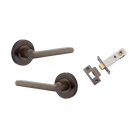 Door Lever Baltimore Round Rose Inbuilt Privacy Pair Signature Brass D58xP58mm with Tube Latch Privacy with Faceplate & T Striker Backset 60mm in Signature Brass