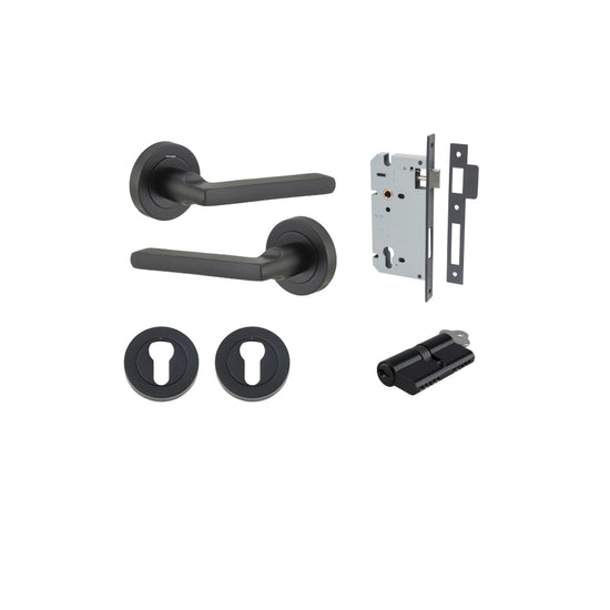 Door Lever Baltimore Round Rose Pair Matt Black D52xP58mm Entrance Kit, Mortice Lock Euro Matt Black CTC85mm Backset 60mm, Euro Cylinder Dual Function 5 Pin Matt Black L65mm KA1, Escutcheon Euro Concealed Fix Round Pair Matt Black D52xP10mm in Matt Black