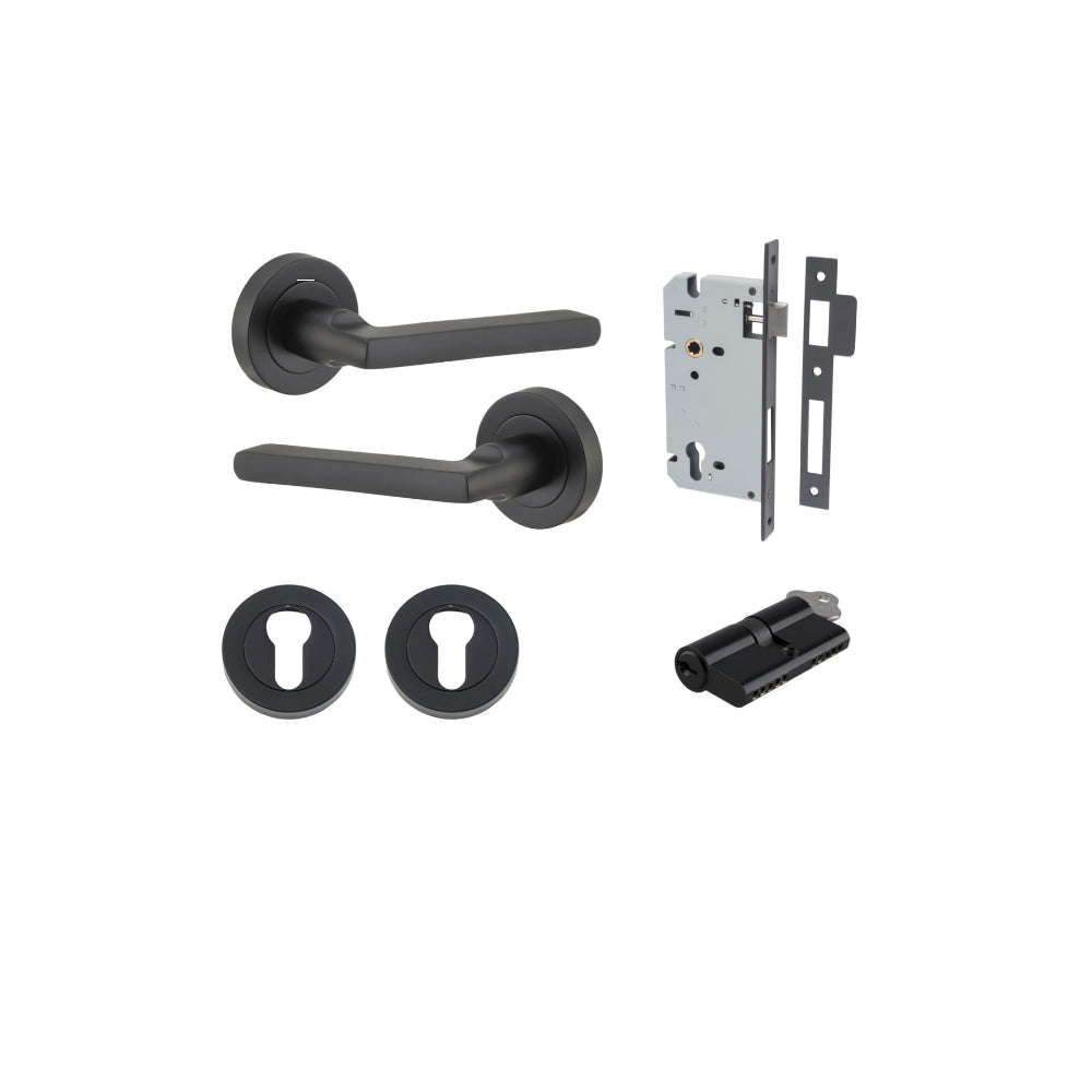 Door Lever Baltimore Round Rose Pair Matt Black D52xP58mm Entrance Kit, Mortice Lock Euro Matt Black CTC85mm Backset 60mm, Euro Cylinder Dual Function 5 Pin Matt Black L65mm KA1, Escutcheon Euro Concealed Fix Round Pair Matt Black D52xP10mm in Matt Black