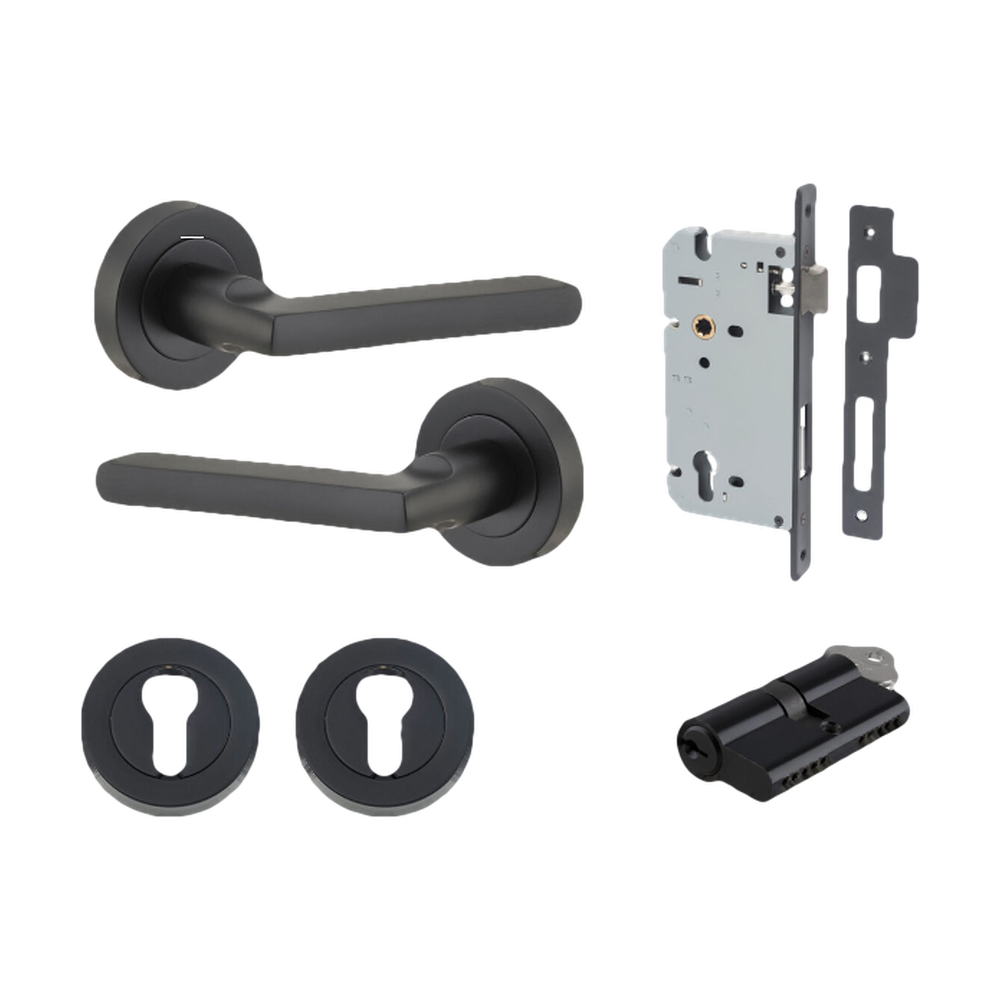 Door Lever Baltimore Round Rose Pair Matt Black D52xP58mm Entrance Kit, Mortice Lock Euro Matt Black CTC85mm Backset 60mm, Euro Cylinder Dual Function 5 Pin Matt Black L65mm KA1, Escutcheon Euro Concealed Fix Round Pair Matt Black D52xP10mm in Matt Black