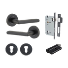 Door Lever Baltimore Round Rose Pair Matt Black D52xP58mm Entrance Kit, Mortice Lock Euro Matt Black CTC85mm Backset 60mm, Euro Cylinder Dual Function 5 Pin Matt Black L65mm KA1, Escutcheon Euro Concealed Fix Round Pair Matt Black D52xP10mm in Matt Black