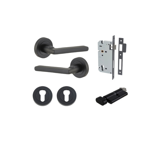 Door Lever Baltimore Round Rose Pair Matt Black D52xP58mm Entrance Kit, Mortice Lock Euro Matt Black CTC85mm Backset 60mm, Euro Cylinder Key Thumb 6 Pin Matt Black L70mm KA1, Escutcheon Euro Concealed Fix Round Pair Matt Black D52xP10mm in Matt Black