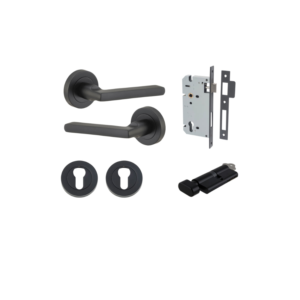Door Lever Baltimore Round Rose Pair Matt Black D52xP58mm Entrance Kit, Mortice Lock Euro Matt Black CTC85mm Backset 60mm, Euro Cylinder Key Thumb 6 Pin Matt Black L70mm KA1, Escutcheon Euro Concealed Fix Round Pair Matt Black D52xP10mm in Matt Black