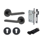 Door Lever Baltimore Round Rose Pair Matt Black D52xP58mm Entrance Kit, Mortice Lock Euro Matt Black CTC85mm Backset 60mm, Euro Cylinder Key Thumb 6 Pin Matt Black L70mm KA1, Escutcheon Euro Concealed Fix Round Pair Matt Black D52xP10mm in Matt Black