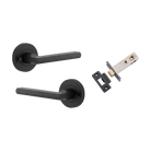 Door Lever Baltimore Round Rose Inbuilt Privacy Pair Matt Black D58xP58mm with Tube Latch Privacy with Faceplate & T Striker Backset 60mm in Matt Black