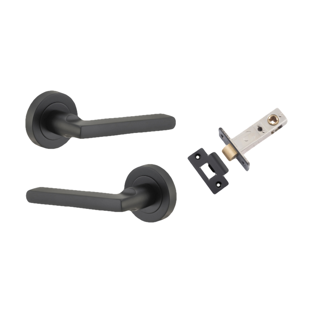 Door Lever Baltimore Round Rose Pair Matt Black D52xP58mm Passage Kit, Tube Latch Split Cam 'T' Striker Matt Black Backset 60mm in Matt Black