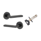 Door Lever Baltimore Round Rose Pair Matt Black D52xP58mm Passage Kit, Tube Latch Split Cam 'T' Striker Matt Black Backset 60mm in Matt Black