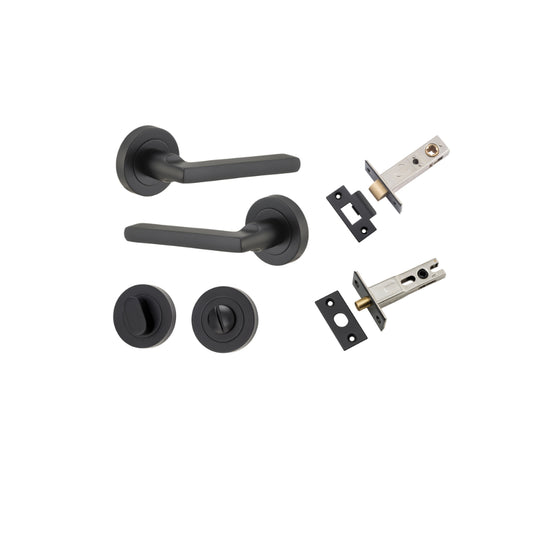 Door Lever Baltimore Round Rose Pair Matt Black D52xP58mm Privacy Kit, Tube Latch Split Cam 'T' Striker Matt Black Backset 60mm, Privacy Bolt Round Bolt Matt Black Backset 60mm, Privacy Turn Oval Concealed Fix Round Matt Black D52xP23mm in Matt Black