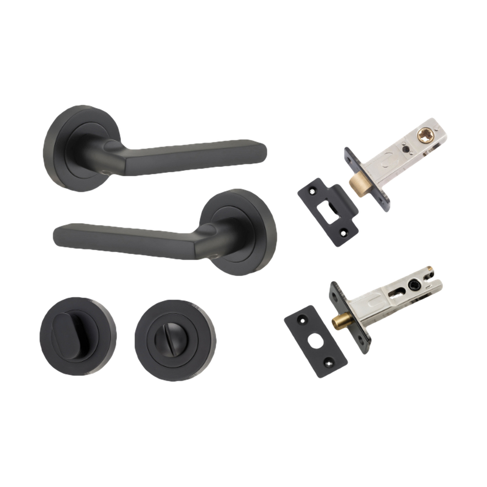 Door Lever Baltimore Round Rose Pair Matt Black D52xP58mm Privacy Kit, Tube Latch Split Cam 'T' Striker Matt Black Backset 60mm, Privacy Bolt Round Bolt Matt Black Backset 60mm, Privacy Turn Oval Concealed Fix Round Matt Black D52xP23mm in Matt Black