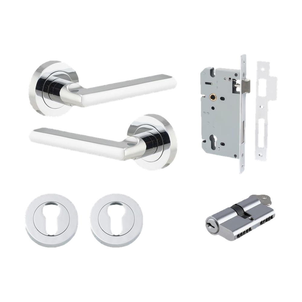 Door Lever Baltimore Round Rose Pair Polished Chrome D52xP58mm Entrance Kit, Mortice Lock Euro Polished Chrome CTC85mm Backset 60mm, Euro Cylinder Dual Function 5 Pin Polished Chrome L65mm KA1, Escutcheon Euro Concealed Fix Round Pair Polished Chr… in Polished Chrome