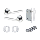 Door Lever Baltimore Round Rose Pair Polished Chrome D52xP58mm Entrance Kit, Mortice Lock Euro Polished Chrome CTC85mm Backset 60mm, Euro Cylinder Key Thumb 6 Pin Polished Chrome L70mm KA1, Escutcheon Euro Concealed Fix Round Pair Polished Chrome … in Polished Chrome