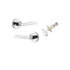 Door Lever Baltimore Round Rose Inbuilt Privacy Pair Polished Chrome D58xP58mm with Tube Latch Privacy with Faceplate & T Striker Backset 60mm in Polished Chrome