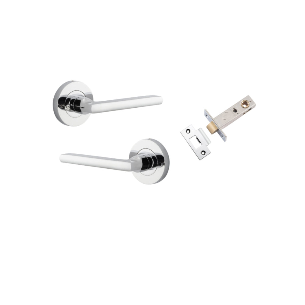 Pair of Iver Baltimore lever door handles on round rose plates in a polished finish, designed for easy grip and stylish look.