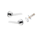 Pair of Iver Baltimore lever door handles on round rose plates in a polished finish, designed for easy grip and stylish look.