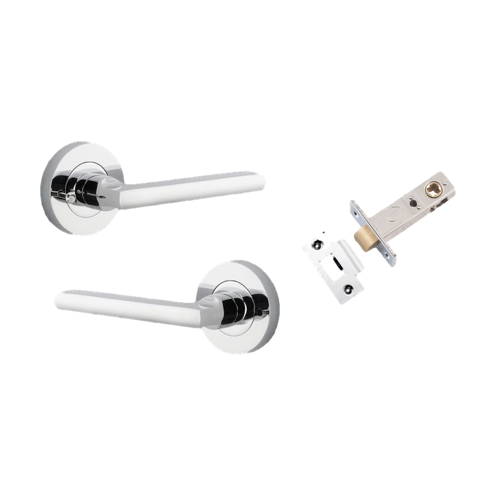 Door Lever Baltimore Round Rose Inbuilt Privacy Pair Polished Chrome D58xP58mm with Tube Latch Privacy with Faceplate & T Striker Backset 60mm in Polished Chrome