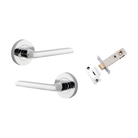 Door Lever Baltimore Round Rose Inbuilt Privacy Pair Polished Chrome D58xP58mm with Tube Latch Privacy with Faceplate & T Striker Backset 60mm in Polished Chrome