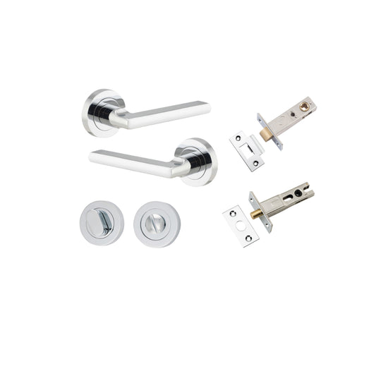 Door Lever Baltimore Round Rose Pair Polished Chrome D52xP58mm Privacy Kit, Tube Latch Split Cam 'T' Striker Polished Chrome Backset 60mm, Privacy Bolt Round Bolt Polished Chrome Backset 60mm, Privacy Turn Oval Concealed Fix Round Polished Chrome … in Pol