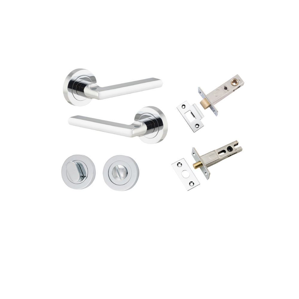 Door Lever Baltimore Round Rose Pair Polished Chrome D52xP58mm Privacy Kit, Tube Latch Split Cam 'T' Striker Polished Chrome Backset 60mm, Privacy Bolt Round Bolt Polished Chrome Backset 60mm, Privacy Turn Oval Concealed Fix Round Polished Chrome … in Pol