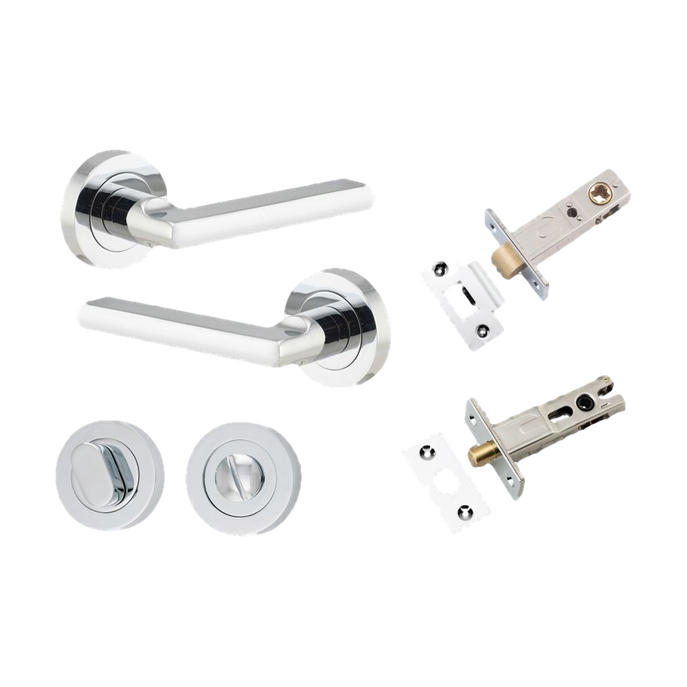 Door Lever Baltimore Round Rose Pair Polished Chrome D52xP58mm Privacy Kit, Tube Latch Split Cam 'T' Striker Polished Chrome Backset 60mm, Privacy Bolt Round Bolt Polished Chrome Backset 60mm, Privacy Turn Oval Concealed Fix Round Polished Chrome … in Polished Chrome