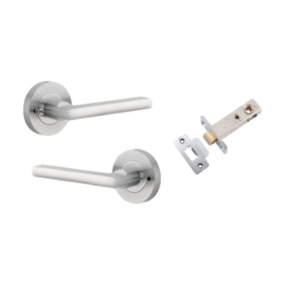 Door Lever Baltimore Round Rose Inbuilt Privacy Pair Brushed Chrome D58xP58mm with Tube Latch Privacy with Faceplate & T Striker Backset 60mm in Brushed Chrome