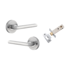 Door Lever Baltimore Round Rose Inbuilt Privacy Pair Brushed Chrome D58xP58mm with Tube Latch Privacy with Faceplate & T Striker Backset 60mm in Brushed Chrome
