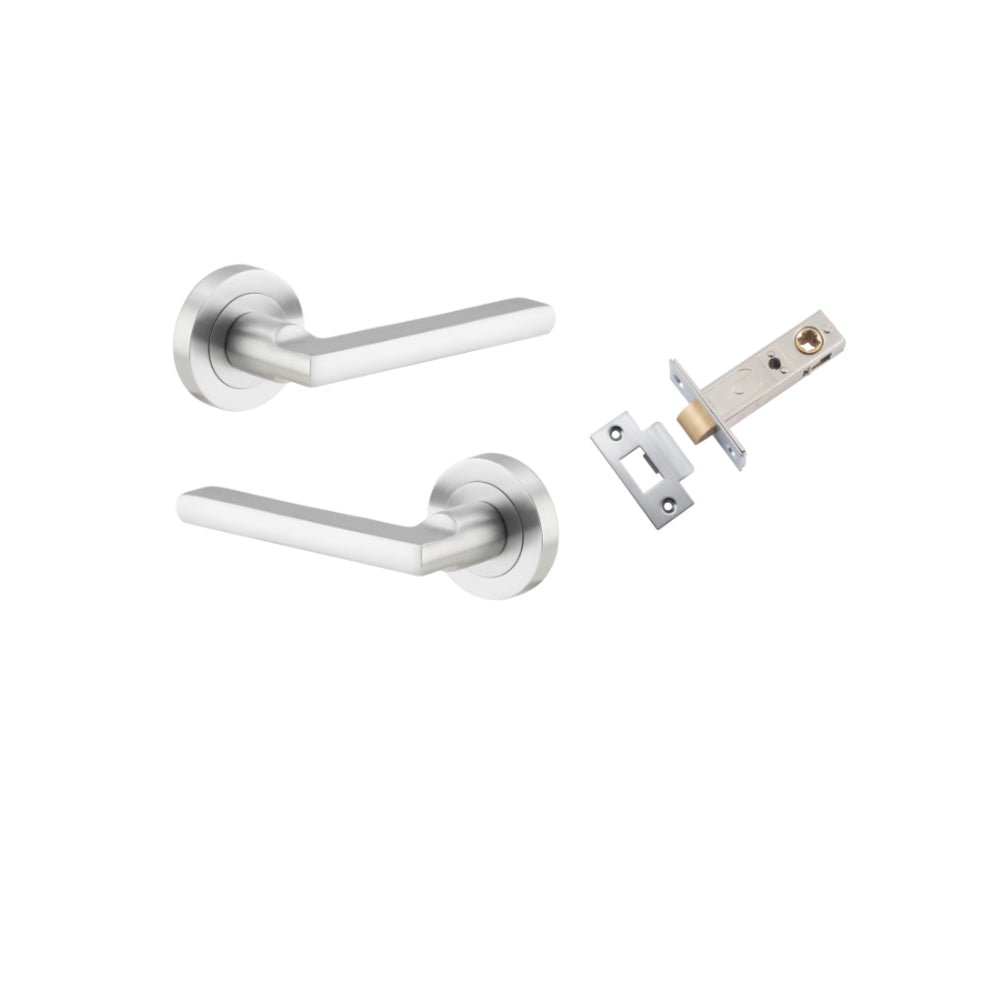 Door Lever Baltimore Round Rose Pair Brushed Chrome D52xP58mm Passage Kit, Tube Latch Split Cam 'T' Striker Brushed Chrome Backset 60mm in Brushed Chrome