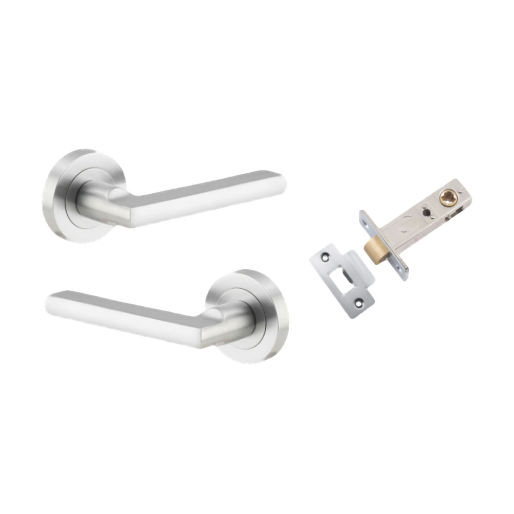 Door Lever Baltimore Round Rose Pair Brushed Chrome D52xP58mm Passage Kit, Tube Latch Split Cam 'T' Striker Brushed Chrome Backset 60mm in Brushed Chrome
