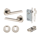 Door Lever Baltimore Round Rose Pair Satin Nickel D52xP58mm Entrance Kit, Mortice Lock Euro Satin Nickel CTC85mm Backset 60mm, Euro Cylinder Dual Function 5 Pin Satin Nickel L65mm KA1, Escutcheon Euro Concealed Fix Round Pair Satin Nickel D52xP10mm in Satin Nickel