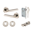 Door Lever Baltimore Round Rose Pair Satin Nickel D52xP58mm Entrance Kit, Mortice Lock Euro Satin Nickel CTC85mm Backset 60mm, Euro Cylinder Key Thumb 6 Pin Satin Nickel L70mm KA1, Escutcheon Euro Concealed Fix Round Pair Satin Nickel D52xP10mm in Satin Nickel